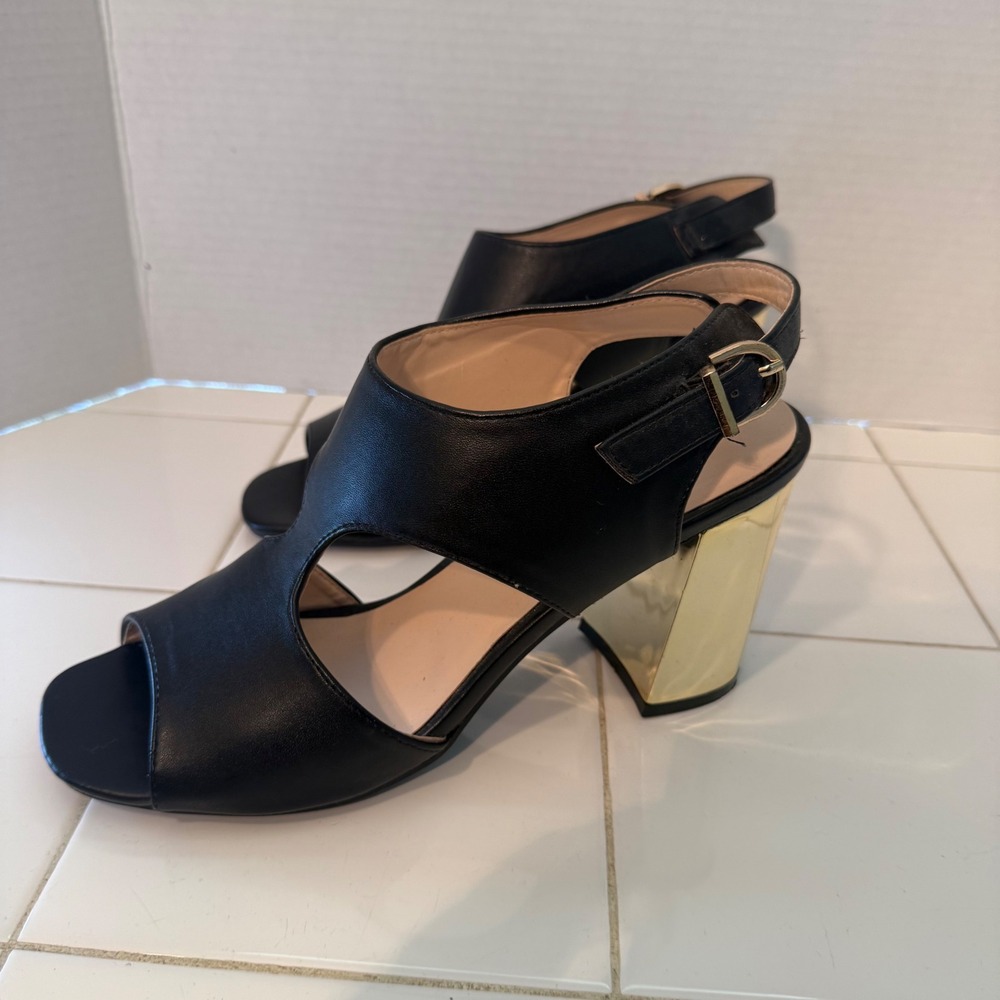 Block Heel Sandals Womens 10 Black Gold Metallic Slingback Peep Toe
